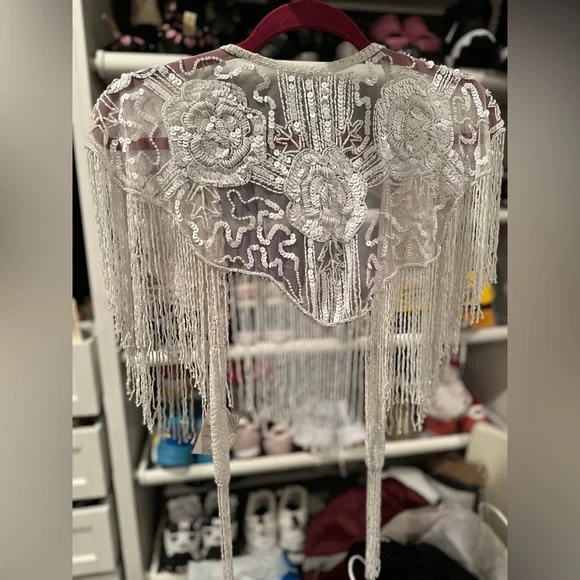 White Rose Sequin Glass Beaded/ Sequin FULL Wrap Chiffon Collar Shoulder Shawl - Picture 5 of 9